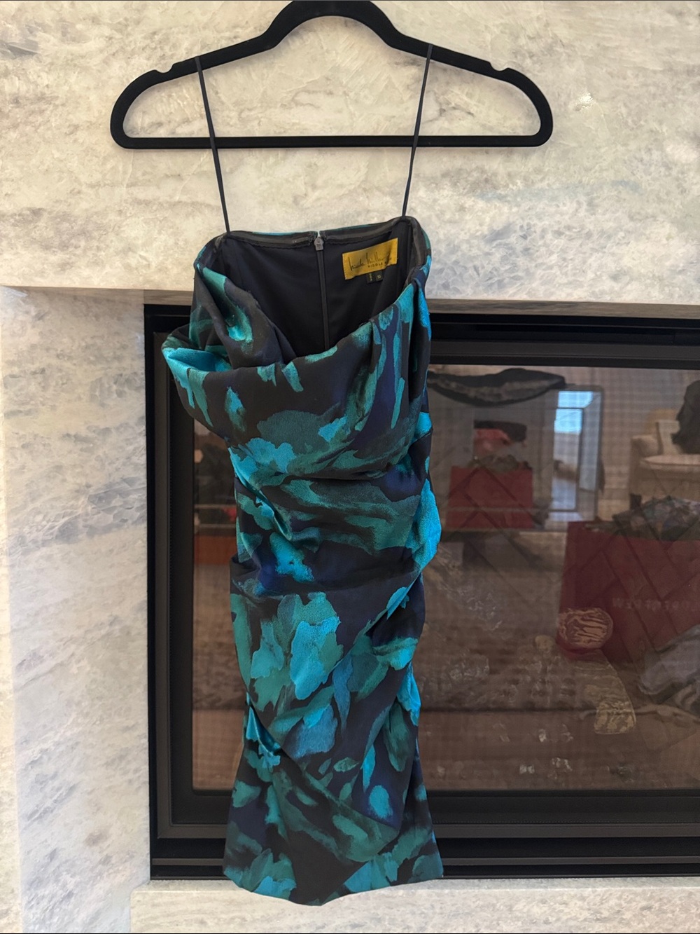 Nicole Miller Black & Teal Floral Satin Mini Dress